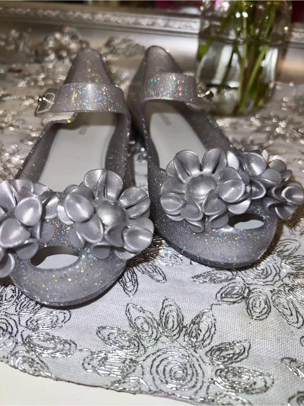 Mini Melissa Silver Glitter Floral Mary Jane Flats